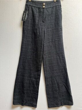 NWT Marciano Black Tweed Wide Leg Trousers Gold Buttons Sz 6